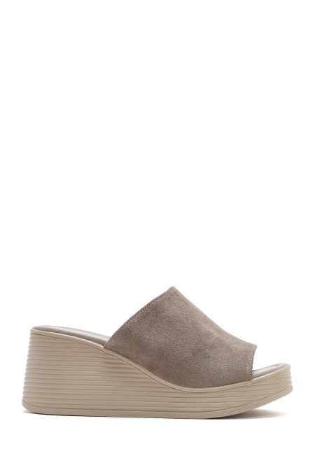 دمپایی زنانه چرم جیر طوسی پاشنه بلند دری مد