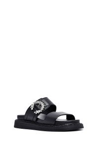 دمپایی زنانه چرم مشکی نگین‌دار ضخیم‌تنه دری مد