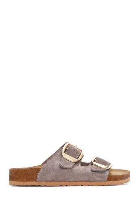 دمپایی زنانه چرمی جیر بژ سگک‌دار دری مد