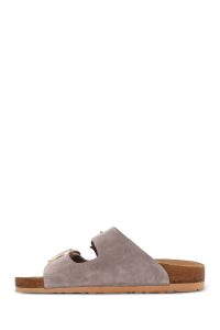 دمپایی زنانه چرمی جیر بژ سگک‌دار دری مد