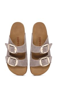 دمپایی زنانه چرمی جیر بژ سگک‌دار دری مد