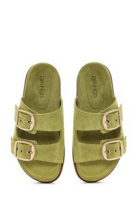 دمپایی زنانه چرمی جیر سبز سگک‌دار دری مد