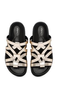 دمپایی زنانه چرمی طلایی متالیک دری مد