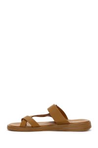 دمپایی زنانه چرمی قهوه‌ای روشن لاانگشتی دری مد