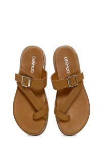 دمپایی زنانه چرمی قهوه‌ای روشن لاانگشتی دری مد