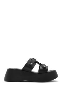 دمپایی زنانه چرمی مشکی زیره ضخیم دری مد