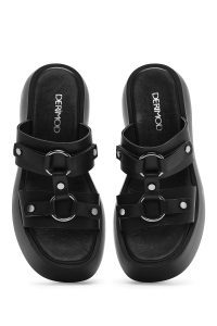 دمپایی زنانه چرمی مشکی زیره ضخیم دری مد