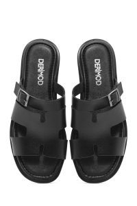 دمپایی زنانه چرمی مشکی سگک‌دار دری مد