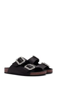 دمپایی زنانه چرمی مشکی نگین‌دار دری مد