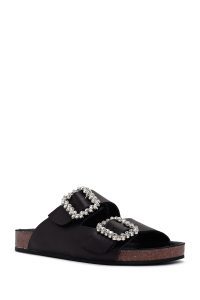 دمپایی زنانه چرمی مشکی نگین‌دار دری مد