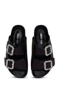 دمپایی زنانه چرمی مشکی نگین‌دار دری مد