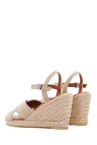 صندل زنانه اسپادریل بژ پاشنه یکسره گیوه ای بندی جیر دری مد