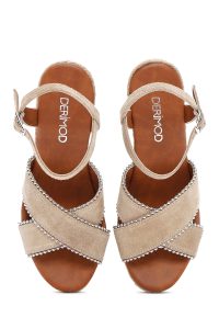 صندل زنانه اسپادریل بژ پاشنه یکسره گیوه ای بندی جیر دری مد