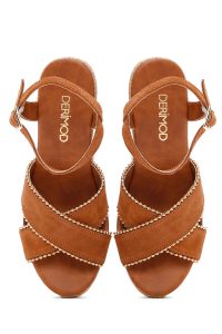 صندل زنانه اسپادریل قهوه‌ای روشن پاشنه یکسره گیوه ای بندی جیر دری مد