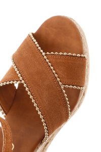 صندل زنانه اسپادریل قهوه‌ای روشن پاشنه یکسره گیوه ای بندی جیر دری مد