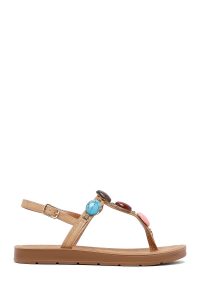 صندل زنانه بژ انگشتی نگین‌دار دری مد