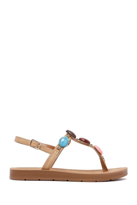 صندل زنانه بژ انگشتی نگین‌دار دری مد