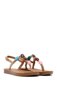 صندل زنانه بژ انگشتی نگین‌دار دری مد