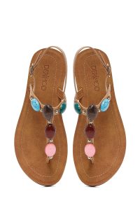 صندل زنانه بژ انگشتی نگین‌دار دری مد