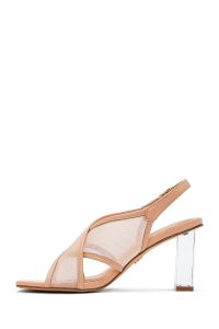 صندل زنانه بژ بنددار پاشنه ضخیم پارچه‌ای دری مد