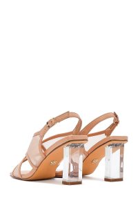 صندل زنانه بژ بنددار پاشنه ضخیم پارچه‌ای دری مد