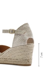 صندل زنانه بژ بنددار پاشنه لژ پارچه‌ای دری مد