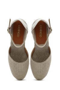 صندل زنانه بژ بنددار پاشنه لژ پارچه‌ای دری مد