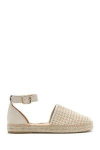 صندل زنانه بژ بنددار کنفی چرم دری مد