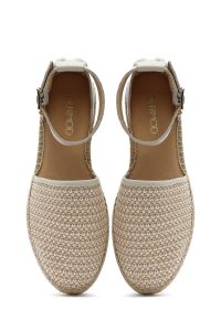 صندل زنانه بژ بنددار کنفی چرم دری مد