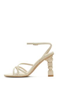 صندل زنانه بژ بندی بلند پاشنه‌بلند ضخیم دری مد