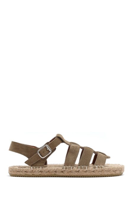 صندل زنانه بژ سگک‌دار جیر کنفی دری مد