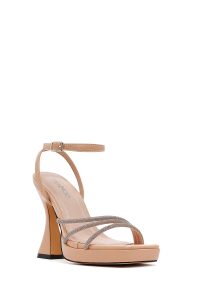 صندل زنانه بژ پاشنه‌ضخیم بلند بنددار مجلسی دری مد