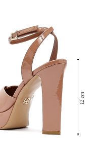 صندل زنانه بژ چرم ورنی پلتفرم پاشنه‌ضخیم بلند بنددار دری مد