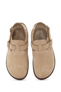 صندل زنانه جیر شتری بندی پشت پا دری مد