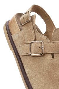 صندل زنانه جیر شتری بندی پشت پا دری مد