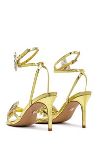 صندل زنانه زرد نگین‌دار پاشنه‌نازک بنددار دری مد