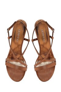 صندل زنانه ساتن برنز پاشنه‌بلند نازک مچی سگک‌دار دری مد