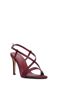 صندل زنانه ساتن زرشکی پاشنه‌بلند نازک مچی سگک‌دار دری مد