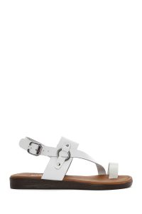 صندل زنانه سفید انگشتی چرم بودروم دری مد