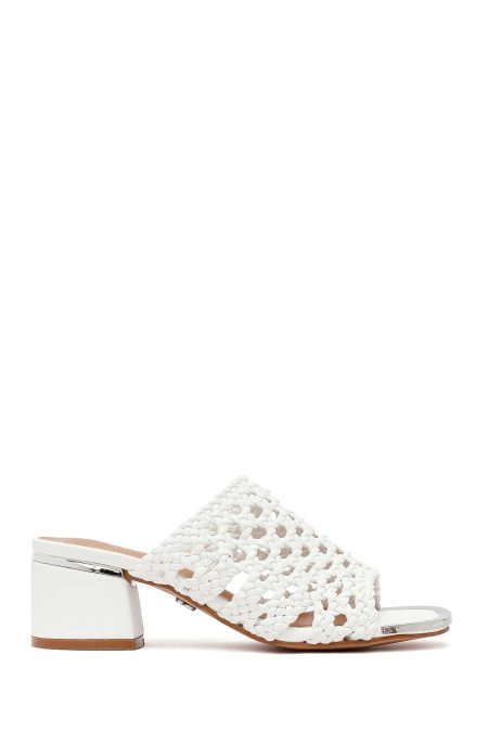 صندل زنانه سفید بافت کوتاه پاشنه‌بلند ضخیم دری مد