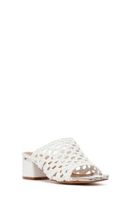 صندل زنانه سفید بافت کوتاه پاشنه‌بلند ضخیم دری مد