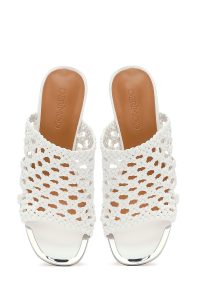 صندل زنانه سفید بافت کوتاه پاشنه‌بلند ضخیم دری مد