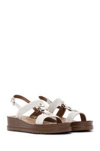 صندل زنانه سفید بندی کفی ضخیم بافت‌دار دری مد