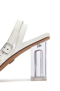 صندل زنانه سفید نگین‌دار شفاف پاشنه‌ضخیم بنددار دری مد