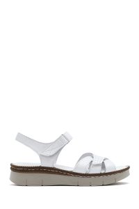 صندل زنانه سفید چرم تخت بندی راحتی دری مد