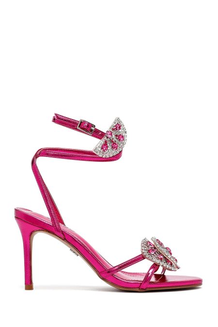 صندل زنانه صورتی نگین‌دار پاشنه‌نازک بنددار دری مد