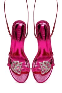 صندل زنانه صورتی نگین‌دار پاشنه‌نازک بنددار دری مد