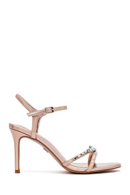 صندل زنانه صورتی نگین‌دار پاشنه‌نازک بنددار دری مد