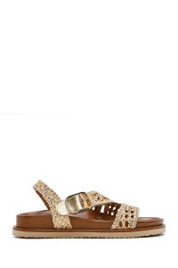 صندل زنانه طلایی حصیری چرم بندی دری مد