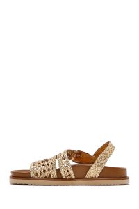 صندل زنانه طلایی حصیری چرم بندی دری مد